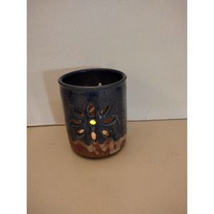 Handmade Stone pottery candle holder signed 3.5" tall